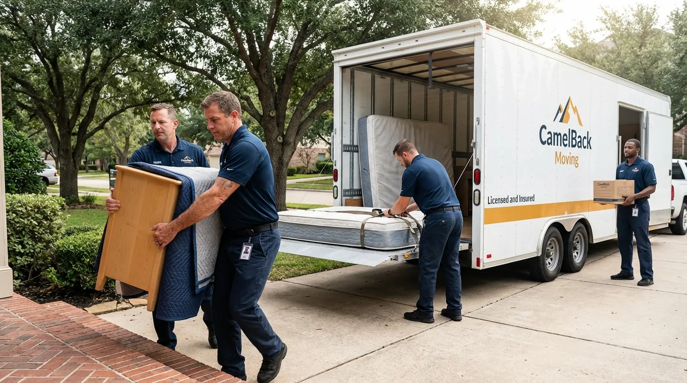 Crew loading residential truck for cross-state move from Chimayo, NM