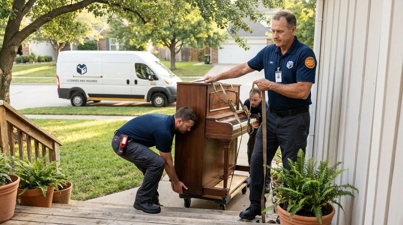Licensed piano movers securing grand piano in Chimayo, NM