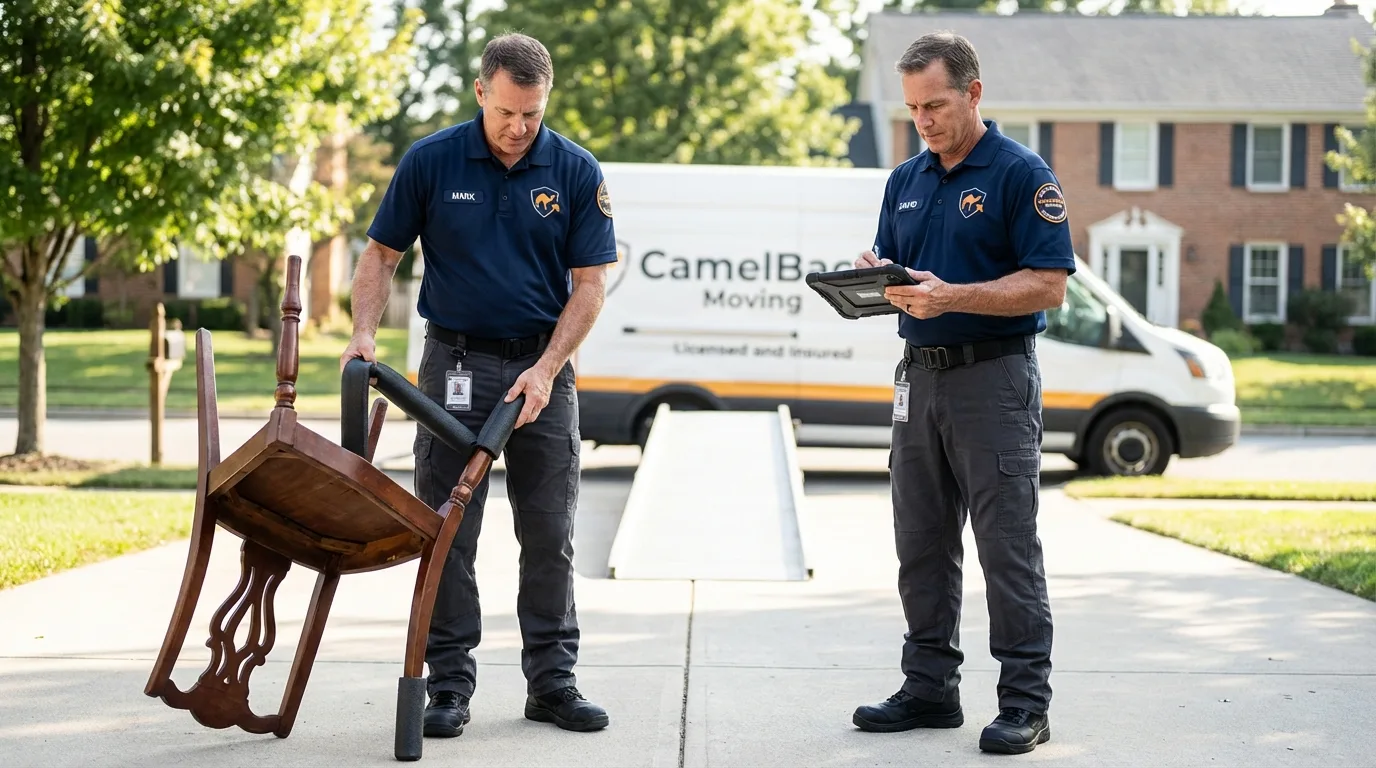 Movers inspecting furniture for damage prevention before loading in Chimayo, NM
