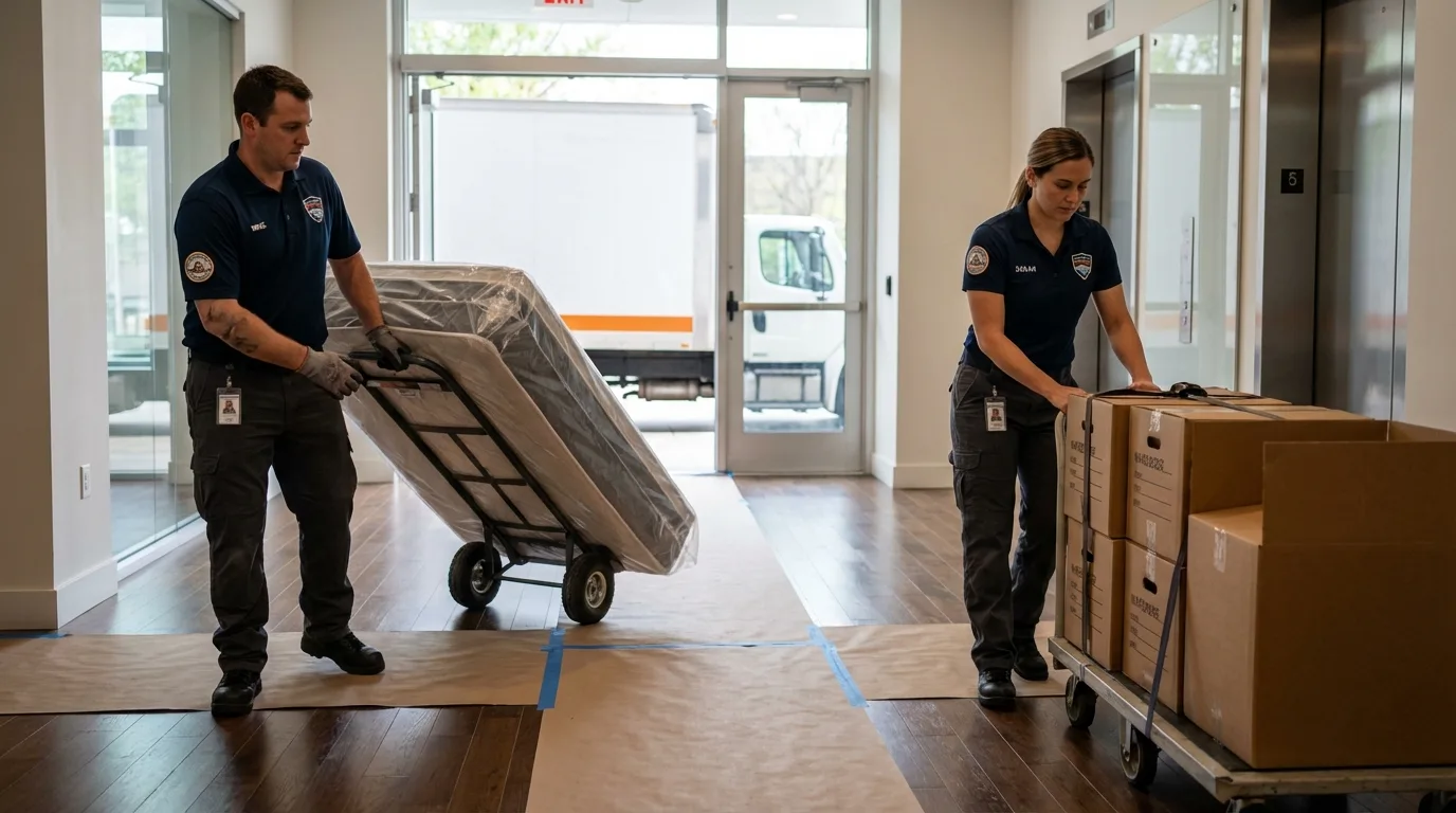 Professional apartment movers loading elevator in Chimayo, NM