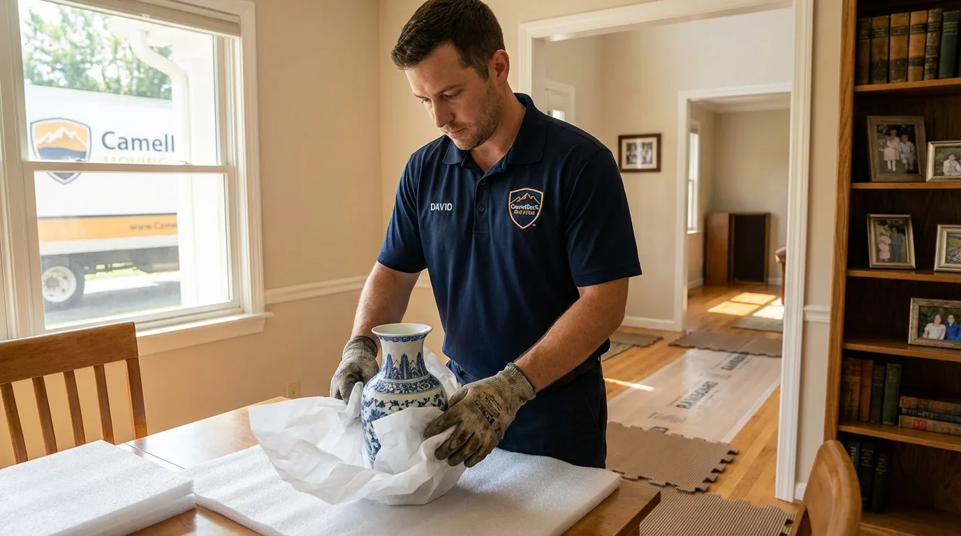 Professional crew carefully wrapping antique vase for senior downsizing move in Chimayo, NM
